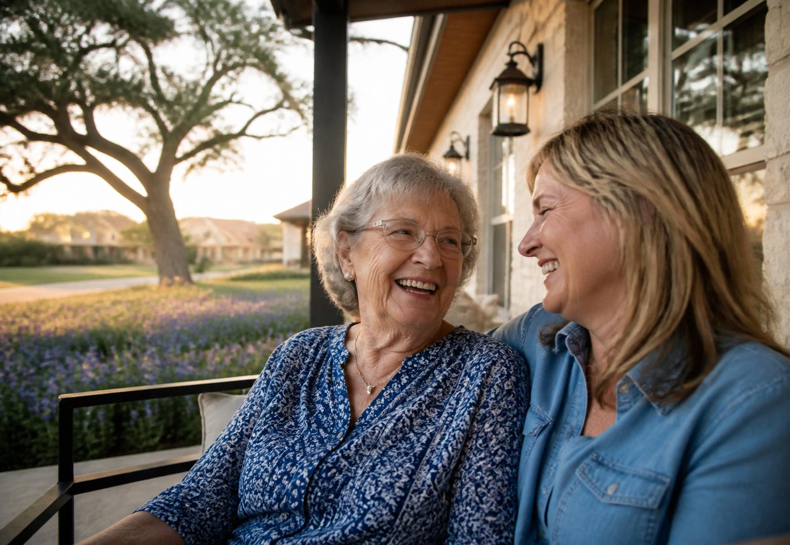 Senior residents enjoying the garden courtyard at Bluebonnet Trail Assisted Living in Plano, TX